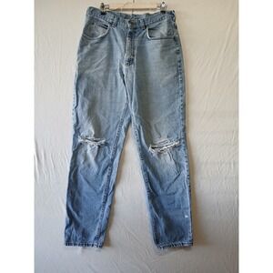 LL BEAN Rugged Distressed Blue Denim Jeans with Ripped Knees 34 X 32 Lightwash